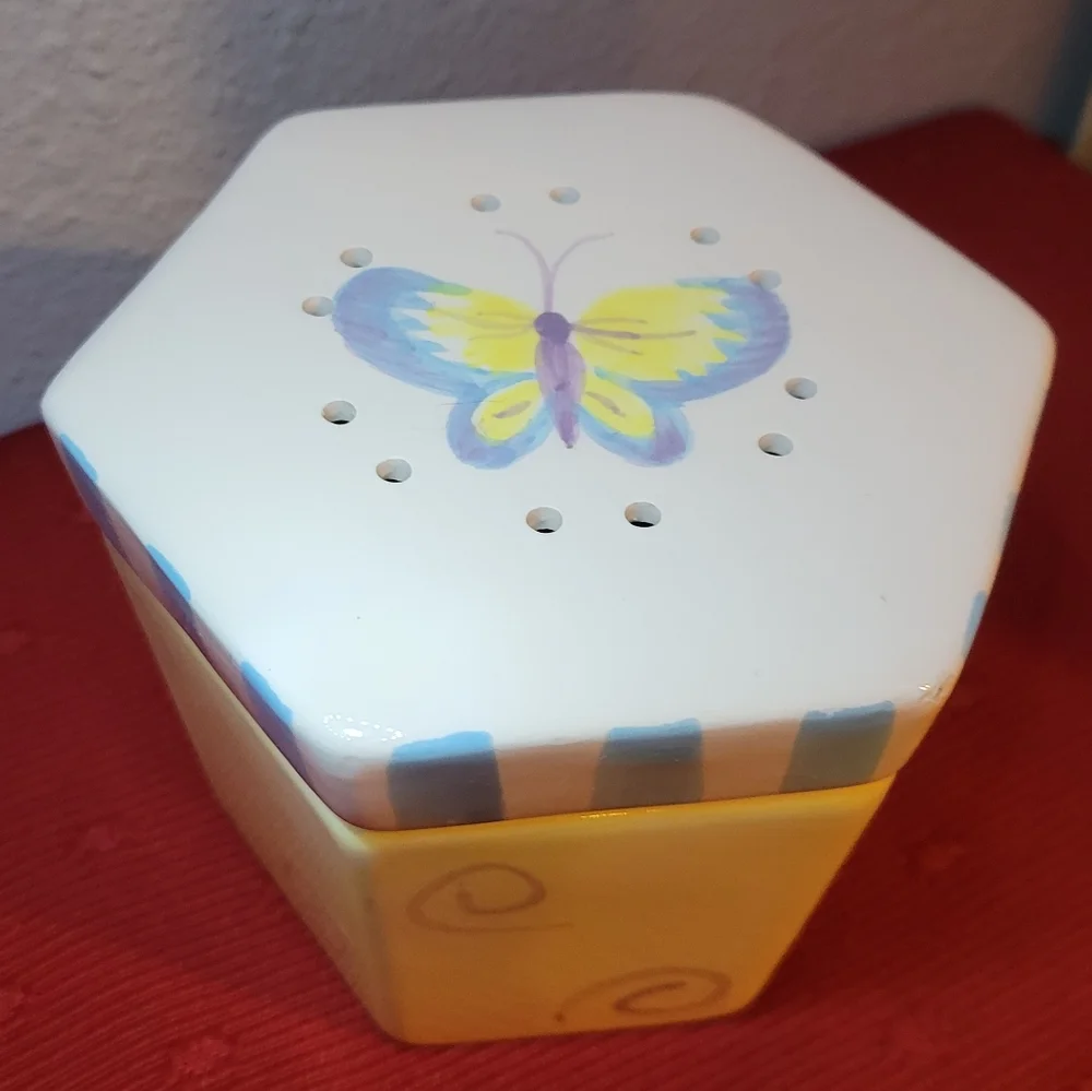 Vtg 2000 Butterfly Incense Potpourri Trinket Stash Ceramic Hexagon Lidded Box
